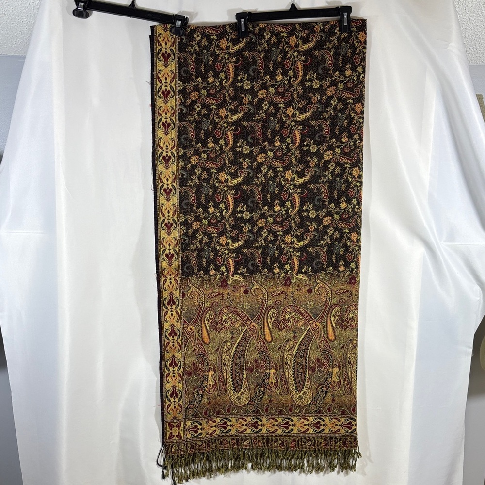 pashmina Paisley & Floral Fringed Wrap in Black, Gold, Red 92 in x 45 in